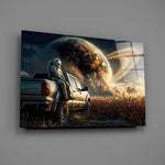 Astronaut and Ringed Planet Cornfield Glass Wall Art