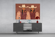 Two Cowgirls in Maroon Western Glass Wall Art