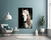 White Horse Flowing Mane Black Backdrop Glass Wall Art