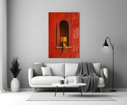 Red Wall Arched Niche Book Reader Glass Wall Art
