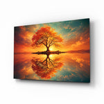 Autumn Amber Tree Sunset Reflection Glass Wall Art