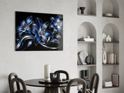 Sapphire Blue and Silver Lilies Glass Wall Art