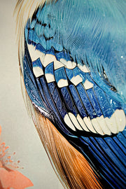 Sapphire Songbird – 3D-Reliefgemälde mit blauen Vögeln und warmen Blütentönen