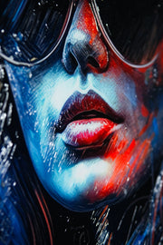 Tableau en relief 3D – Femme stylée avec lunettes de soleil – Safran, bleu & noir – Décoration murale de luxe