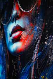 Tableau en relief 3D – Femme stylée avec lunettes de soleil – Safran, bleu & noir – Décoration murale de luxe