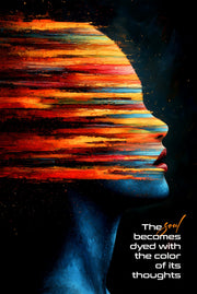 Artistic depiction of a face with colorful stripes and an inspirational quote on a dark background