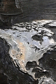 3D-Reliefbild – Weltkarte in Silber und Dunkelbraun – Luxuriöse Wanddekoration