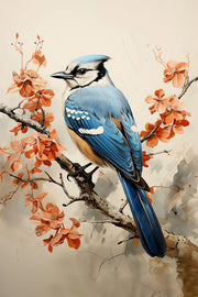 Sapphire Songbird – 3D-Reliefgemälde mit blauen Vögeln und warmen Blütentönen