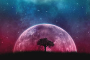 3D-Reliefbild – Baum unter einem magentafarbenen Mond – Violett, Pink & Blau – Luxuriöse Wanddekoration