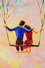 Peinture en relief 3D – Ballons d'amour – Couple sur une balançoire – Coloré & Or