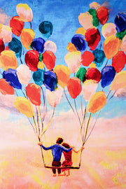 Peinture en relief 3D – Ballons d'amour – Couple sur une balançoire – Coloré & Or