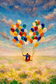Peinture en relief 3D – Ballons d'amour – Couple sur une balançoire – Coloré & Or