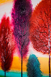 Bos chromatique rayonnant – Peinture en relief 3D avec arbres colorés