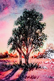 Lavender Sunset Tree – 3D-Reliefbild mit Lavendelfeld und Sonnenuntergang