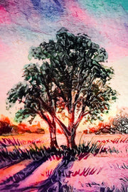 Lavender Sunset Tree – 3D-Reliefbild mit Lavendelfeld und Sonnenuntergang