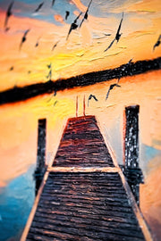Twilight Pier Sojourn – 3D-Reliefgemälde mit Sonnenuntergang und fühlbarer Holzstruktur