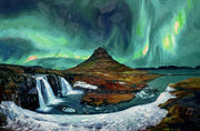 Peinture en relief 3D – Aurore boréale au-dessus d'un paysage glaciaire – Vert & Turquoise