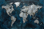 Sapphire Metallic Atlas – 3D Relief Painting with Silver-Colored World Map and Deep Blue Ocean Tones