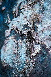 Sapphire Metallic Atlas – 3D Relief Painting with Silver-Colored World Map and Deep Blue Ocean Tones