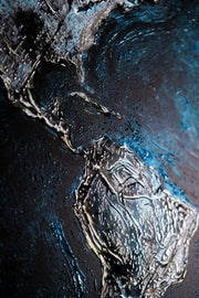 Sapphire Metallic Atlas – 3D Relief Painting with Silver-Colored World Map and Deep Blue Ocean Tones