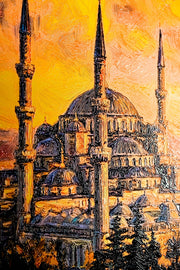 Golden Sunset Serenade – 3D-Reliefgemälde der Blauen Moschee