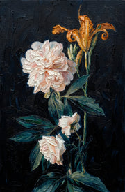 Midnight Peony & Amber Lily – 3D-Reliefbild mit Blumen
