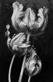 Obsidian & Ivory Grace – 3D Relief Painting with White Tulips and Black Background