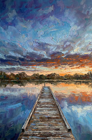3D Relief Painting Twilight Pier Reflections – Sunset at the Lake – Luxury Wall Decor