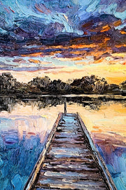 3D Relief Painting Twilight Pier Reflections – Sunset at the Lake – Luxury Wall Decor