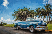 Tableau en relief 3D – Cabriolet bleu classique – Paysage tropical – Décoration murale de luxe