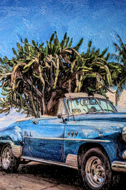Tableau en relief 3D – Cabriolet bleu classique – Paysage tropical – Décoration murale de luxe