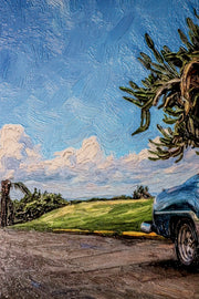 Tableau en relief 3D – Cabriolet bleu classique – Paysage tropical – Décoration murale de luxe