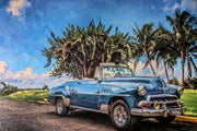 Tableau en relief 3D – Cabriolet bleu classique – Paysage tropical – Décoration murale de luxe