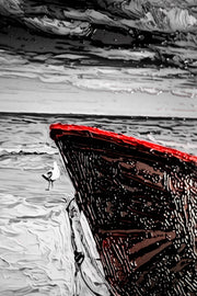 3D-Reliefbild – Rotes Boot an der Küste – Schwarz, Weiß & Rot – Luxuriöse Wanddekoration