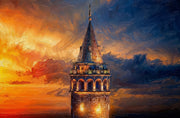 3D-Reliefbild Galata Sunset Sentinel – Galata-Turm bei Sonnenuntergang – Luxuriöse Wanddekoration
