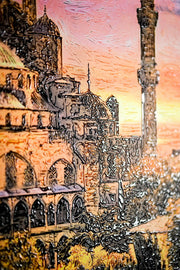 3D-Reliefgemälde – Sultan-Ahmet-Moschee bei Sonnenuntergang – Gold, Orange & Grün – Luxuriöse Wanddekoration
