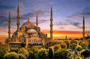 3D-Reliefgemälde – Sultan-Ahmet-Moschee bei Sonnenuntergang – Gold, Orange & Grün – Luxuriöse Wanddekoration