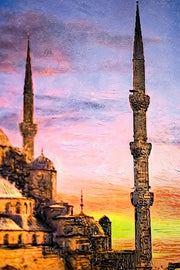 3D-Reliefgemälde – Sultan-Ahmet-Moschee bei Sonnenuntergang – Gold, Orange & Grün – Luxuriöse Wanddekoration
