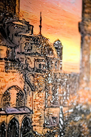 3D-Reliefgemälde – Sultan-Ahmet-Moschee bei Sonnenuntergang – Gold, Orange & Grün – Luxuriöse Wanddekoration