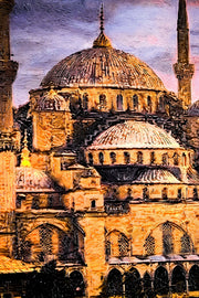 3D-Reliefgemälde – Sultan-Ahmet-Moschee bei Sonnenuntergang – Gold, Orange & Grün – Luxuriöse Wanddekoration