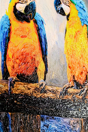 Tropical Trio Haven – 3D Relief Painting with Colorful Macaws and Tropical Waterfall