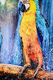 Tropical Trio Haven – 3D Relief Painting with Colorful Macaws and Tropical Waterfall