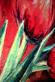 3D Relief Painting – Deep Red Flowers – Green & Black – Luxury Wall Decor