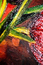 3D Relief Painting – Deep Red Flowers – Green & Black – Luxury Wall Decor