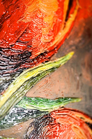 3D Relief Painting – Deep Red Flowers – Green & Black – Luxury Wall Decor