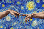 3D-Reliefbild – Schöpfende Hände unter einem Sternenhimmel – Blau, Gold & Weiß – Luxuriöse Wanddekoration