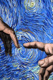 3D-Reliefbild – Schöpfende Hände unter einem Sternenhimmel – Blau, Gold & Weiß – Luxuriöse Wanddekoration