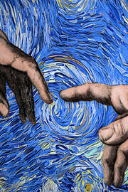 3D-Reliefbild – Schöpfende Hände unter einem Sternenhimmel – Blau, Gold & Weiß – Luxuriöse Wanddekoration