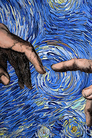 3D-Reliefbild – Schöpfende Hände unter einem Sternenhimmel – Blau, Gold & Weiß – Luxuriöse Wanddekoration