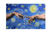 3D-Reliefbild – Schöpfende Hände unter einem Sternenhimmel – Blau, Gold & Weiß – Luxuriöse Wanddekoration
